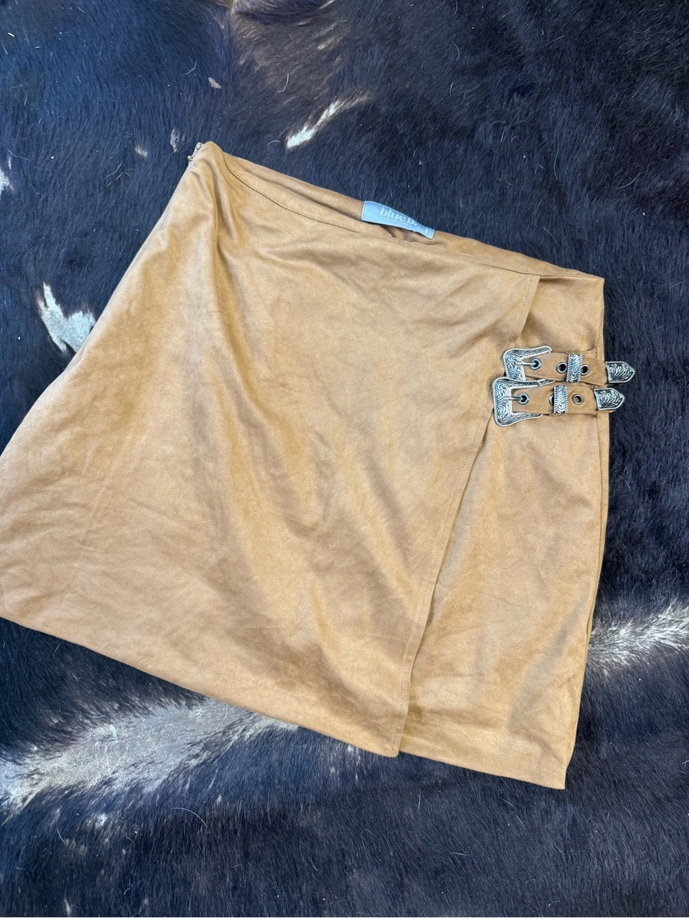 Tan Suede Wrap Mini Skirt with Western Buckle Detail